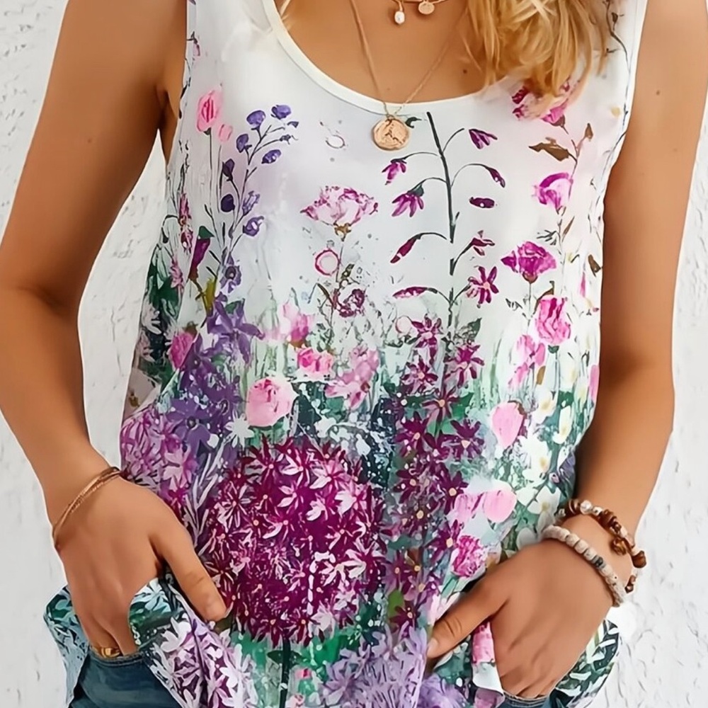 Floral Crew Neck Tank Top, Casual Sleeveless Tank Top